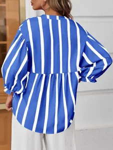 Back view of women blue white striped blouse, casual loose balloon sleeve shirt top detail.