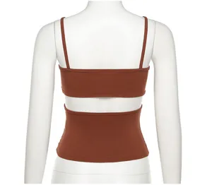 Women's summer brown ribbed knit camisole, sexy backless cut-out slim fit crop top back view.