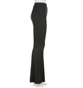 Side detail view of black high-waisted micro flare casual trousers for daily wear.