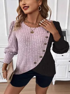 Women's color block long sleeve knit top with asymmetrical button ribbed hem casual style