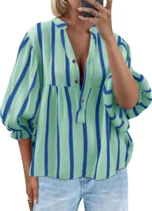 Women green blue striped V-neck blouse, casual loose long sleeve button-up shirt top for daily wear.