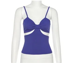 Ribbed cutout camisole detail shot, featuring stylish front bow and slim fit design for summer.
