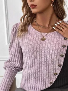 Women's Long Sleeve Ribbed Knit T-Shirt Casual Round Neck Button Side Pullover Top