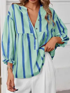 Green Blue Striped V-Neck Long Sleeve Lantern Sleeve Blouse Loose Casual Women Top
