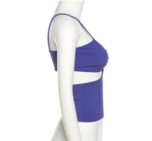 Side detail view of a purple ribbed cutout camisole, showing slim fit and unique style.