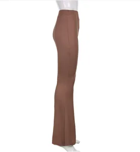 Solid color casual flare pants for women high waist design slim fit brown trousers detail view