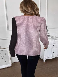 Women color-block rib knit t-shirt long sleeve casual round neck pullover top for spring fall