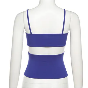 Blue ribbed knit backless crop top detail, sexy cut out camisole strap back view display