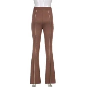Women brown casual flare pants high waist contrast piping stretch trousers back view detail