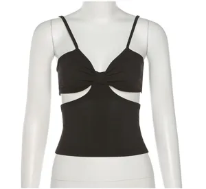 Trendy black ribbed crop top featuring front knot and sexy waist cutouts for summer.
