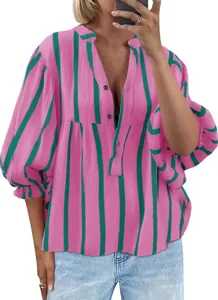 Pink and green striped V-neck puff sleeve loose blouse for women, casual summer fashion top.