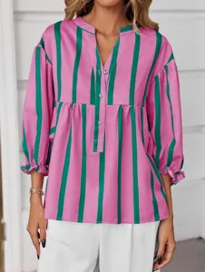 Casual pink and green striped V-neck puff sleeve blouse for women, stylish summer top.