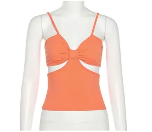 Orange ribbed camisole with front cutout detail and stylish bow accent for summer wear.