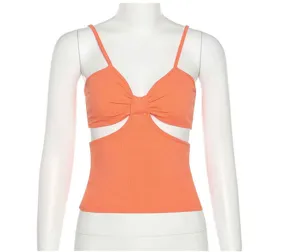 Orange ribbed camisole crop top for women, stylish summer sexy cut-out slim fit vest.