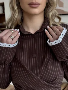 Brown striped long sleeve shirt with lace cuffs and wrap waist detail, fashion apparel.