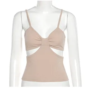 Ribbed cutout camisole women summer slim fit sleeveless sexy crop top tank top nude beige