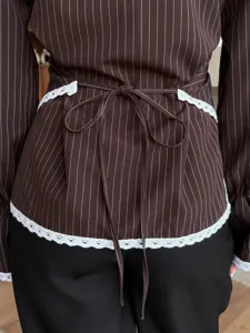 Brown striped long sleeve shirt with back lace trim and tie waist for women detail view