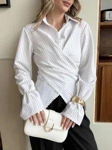 Women striped wrap long sleeve blouse chic crossover shirt fashion elegant casual top