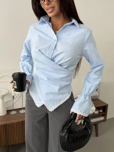 Women blue striped wrap long sleeve blouse with elegant lace hem chic office casual top