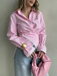 Stylish pink striped wrap long sleeve shirt for women with delicate lace trim details.