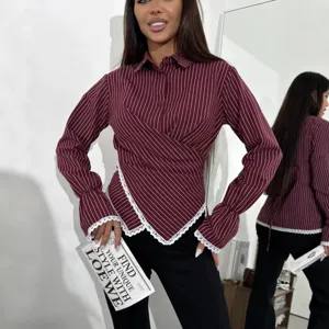 Women fashion pinstripe wrap long sleeve blouse with elegant lace trim casual top
