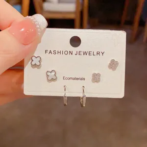 Chic four-leaf clover zircon stud hoop earrings set elegant daily fashion jewelry accessory