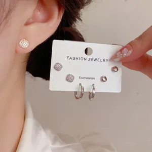 Minimalist zircon square stud and hoop earring set, elegant daily fashion jewelry accessories.