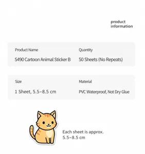 Detail view of cute cartoon cat animal waterproof PVC sticker specifications and features.