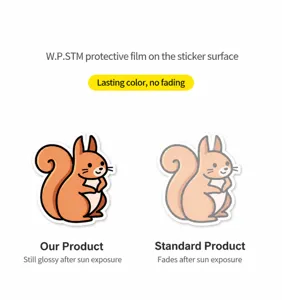 Cartoon cute squirrel waterproof sticker detail comparison graphic showing sun protection quality.