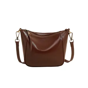 Brown genuine leather shoulder bag for women, casual vintage oil wax crossbody handbag.