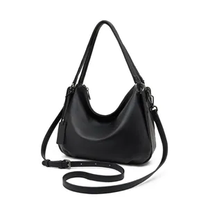 Black leather hobo shoulder bag for women, versatile top handle crossbody purse for daily wear.