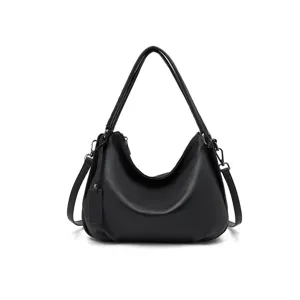Black genuine leather hobo shoulder bag for women, stylish crossbody handbag main view.