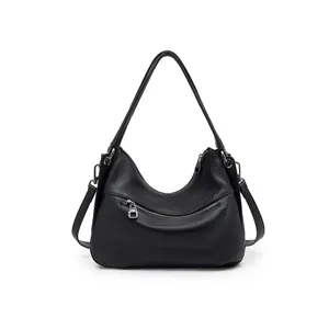Classic black leather shoulder bag for women, versatile crossbody purse with zipper.