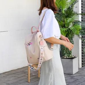 Women Fashion Casual Backpack Nylon Embroidered Floral School Bag Travel Daypack Large Capacity Bookbag
