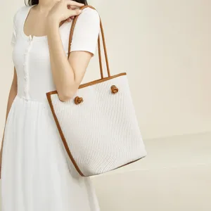Large Capacity Women Shoulder Bag Fashion Commuting Handbag Casual Woven Bucket Bag PU Leather Tote Bag
