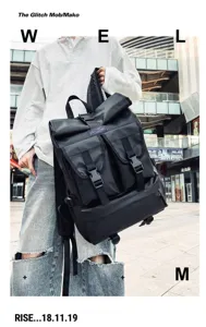 Zaino uomo nero impermeabile tattico roll top casual moda viaggio borsa scolastica