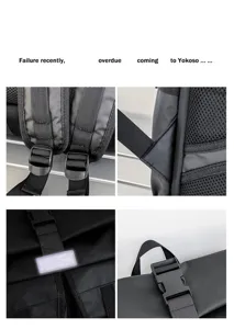 Dettaglio zaino impermeabile con cinghie resistenti, fibbie robuste e materiale in pelle.