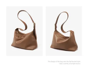 Brown leather hobo shoulder bag casual large capacity minimalist daily tote purse for women
