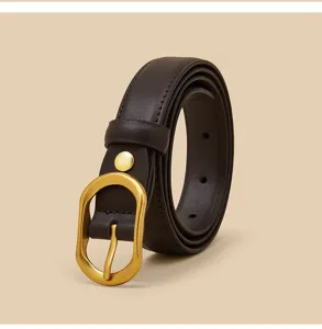 Women brown leather belt with stylish gold metal buckle casual dress jeans accessory