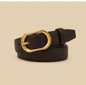 Women's genuine leather belt with matte gold irregular buckle, stylish dark brown design.