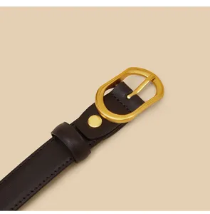 Close-up detail of dark brown genuine leather belt featuring elegant metallic gold buckle.