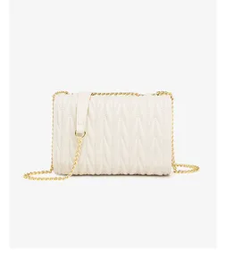 White quilted leather crossbody bag with chic gold chain strap for women elegant daily wear.