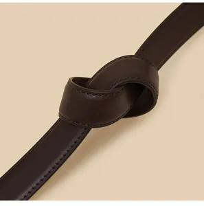 Detail shot of dark brown leather belt showing fine stitching texture and elegant knot design.