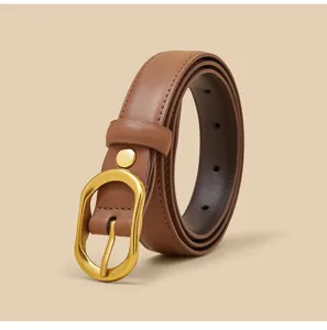 Women's genuine leather belt with gold buckle, versatile stylish accessory for jeans.