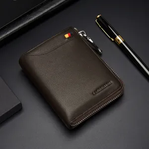 Men's genuine leather short zipper wallet, stylish business coin purse and card holder design.