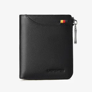 Men short genuine leather wallet black business card holder coin purse zipper compact