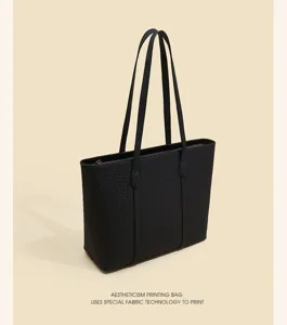 Detailed view of the black crocodile textured leather tote bag, showcasing fine craftsmanship.