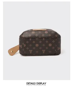 Brown monogram pattern handbag detail view, vintage style cross body bag texture and strap.