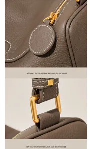 Women's Boston pillow bag detail shot showcasing premium leather, fine stitching, and gold hardware.