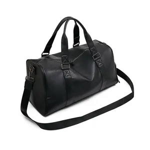 Men's Black Leather Travel Duffel Bag Large Capacity Business Commuter Shoulder Messenger Bag